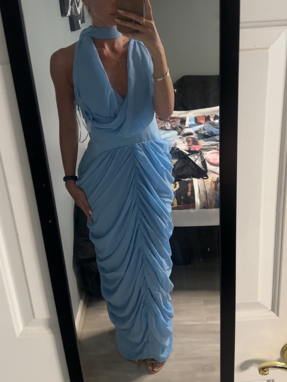 Meshki Sky-Blue Draped Halter Maxi Gown - Picture 5 of 5